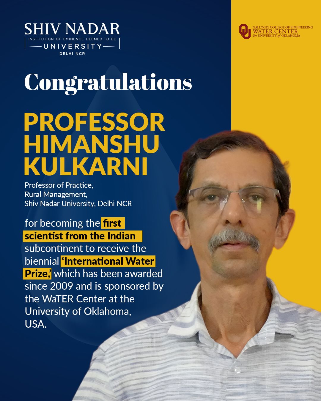Prof. Himanshu Kulkarni Receives International Water Prize — First Recipient from the Indian Subcontinent